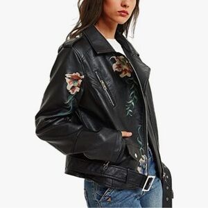 NWT BELLIVERA Faux Leather Embroidered Moto Jacket Black XL
